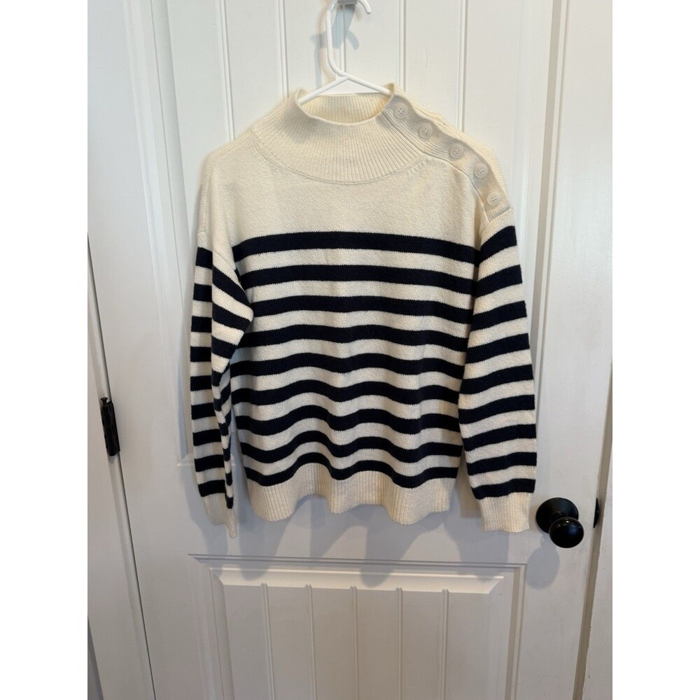 LOFT Women’s S Navy Ivory Striped Mock Neck Button Shoulder Sweater NWT